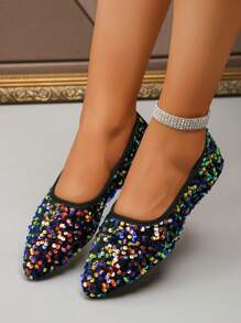 Moda feminina, mocassim de bico fino com lantejoulas coloridas, sapatos baixos, estilo glamoroso, nova chegada para o outono, uso diário, festa, padrão preto e colorido - cor preta - Ver 4