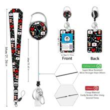 1 Set (Clip retráctil + Portador de tarjeta de identificación + Cordón) Carrete de identificación con clip para el estetoscopio de enfermera, clip de bobina extensible, llavero con botella de pastillas y jeringa, cordón de tela desmontable con diseño floral negro, estuche protector para tarjeta de identificación, adecuado para accesorios de oficina estéticos, útiles escolares, de vuelta a clases