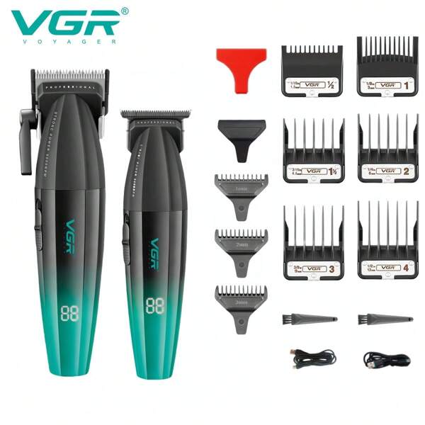 VGR VGR Haarschneidemaschine schnurlos, elektrisch, einstellbar, 9000 U/min, Haarschneidemaschine mit Metallgehäuse, digitaler Anzeige, professioneller Haarschneider mit Finish, USB aufladbar, Geschenkset, Bartschneidemaschine V-003&V-906