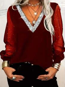 Plus Size Women V-Neck Mesh Long Sleeve Top - Red - View 4