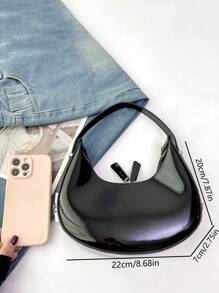 新款新月形设计腋下包，金属扣漆皮迷你圆形钱包，女士款，黑色 - 黑色 - 查看 4