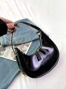 新款新月形设计腋下包，金属扣漆皮迷你圆形钱包，女士款，黑色 - 黑色 - 查看 5