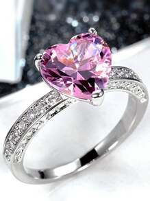 1pc Fashionable Luxury Ring With Heart-Shaped Pink Diamond Zirconium Stone, Engagement Jewelry For Women