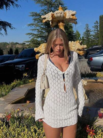 Kadın Yaz Tatili V Yaka Şeffaf File Hollow Out Düğüm Düğmeli Tığ İşi Uzun Kollu Örtü Seksi Düz Renk Dar Mini Örgü Plaj Bikini Elbisesi, İlkbahar Sonbahar