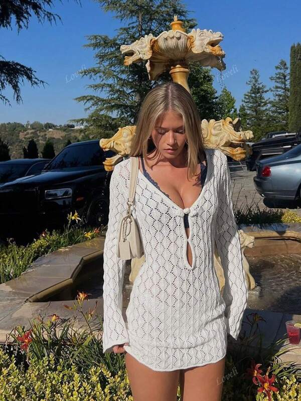 Women's Summer Vacation V-Neck Sheer Mesh Hollow Out Knot Button Crochet Long Sleeve Cover Up Sexy Solid Color Bodycon Mini Knit Beach Bikini Dress, Spring Fall