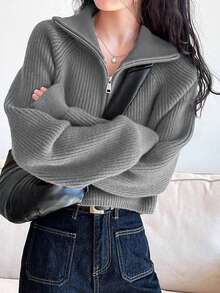 女式纯色前拉链长袖休闲上衣 - 灰色 - 查看 2