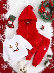 3pcs/Set Baby Boy/Girl Christmas Reindeer Embroidery Sweatshirt, Solid Color Vest Jacket Details & Embroidered Pants Outfit
