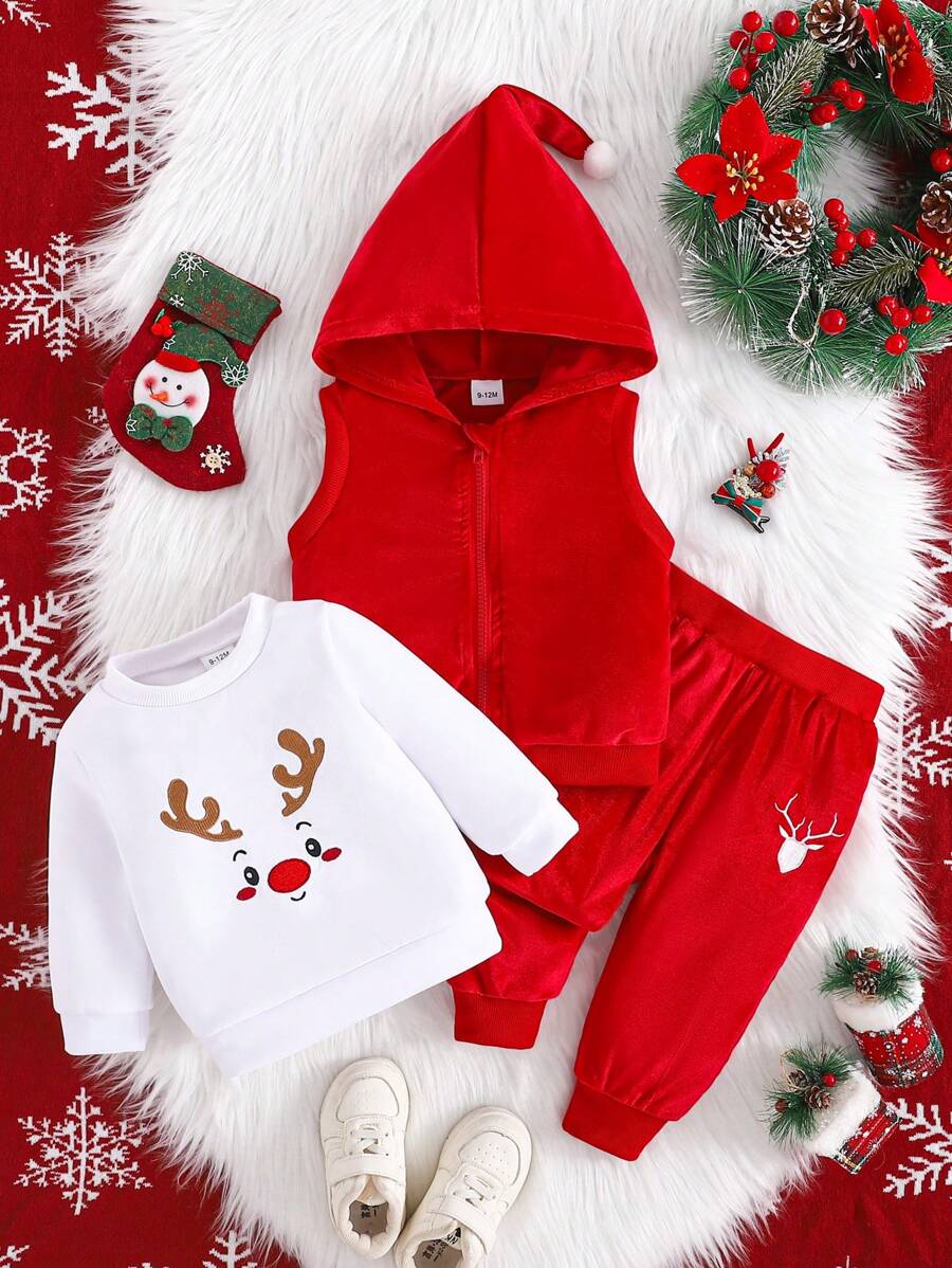 3pcs/Set Baby Boy/Girl Christmas Reindeer Embroidery Sweatshirt, Solid Color Vest Jacket Details & Embroidered Pants Outfit