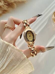1pc Women's Vintage Oval Gold Tone Rhinestone & Zirconia Decorated Fashion Watch, Suitable For Daily Wear, Parties, Gatherings And Events