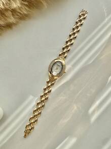 1pc Women's Vintage Oval Gold Tone Rhinestone & Zirconia Decorated Fashion Watch, Suitable For Daily Wear, Parties, Gatherings And Events