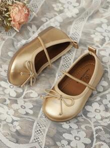 1 par de bailarinas de estilo princesa con lazo, fondo antideslizante y suave, simples y lindas, apropiadas para que las estudiantes usen en la escuela en primavera/verano - Dorado - Ver 3