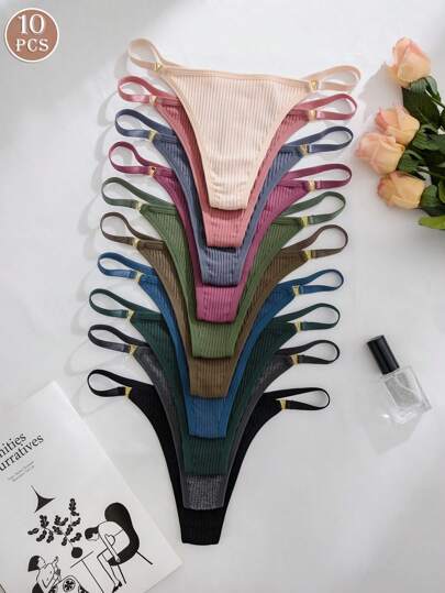 10 piezas Pantys tipo tanga con accesorios de hebillas metálicas multicolor para mujer