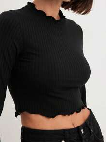 Women Long Sleeve Crop Tops Solid Color Ribbed T-Shirts Spring Fall Casual Slim Fit Shirts - Black - View 4