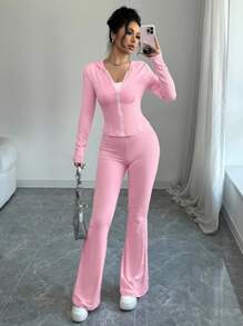 abyoxi Bộ 2 món gồm áo khoác có mũ kéo khóa và quần ống loe màu trơn, trang phục thể thao thường ngày thời trang, phù hợp cho hoạt động ngoài trời, dạo phố, thể thao, mặc hàng ngày, thể hiện cá tính riêng, màu hồng dành cho nữ, thích hợp cho mùa thu/đông và xuân. - Hồng - Xem 6