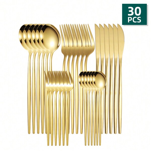 30 peças/conjunto delicado aço inoxidável dourado louça conjunto de talheres, faca, garfo, colher