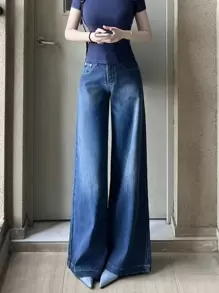 经典水洗蓝色宽松直筒修身女式牛仔裤 - 復古藍 - 查看 1