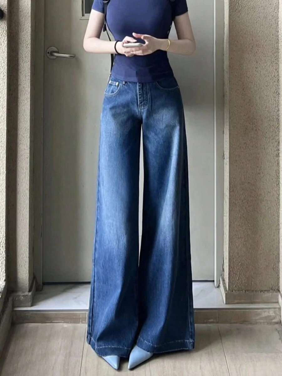 经典水洗蓝色宽松直筒修身女式牛仔裤 - 復古藍 - 查看 1