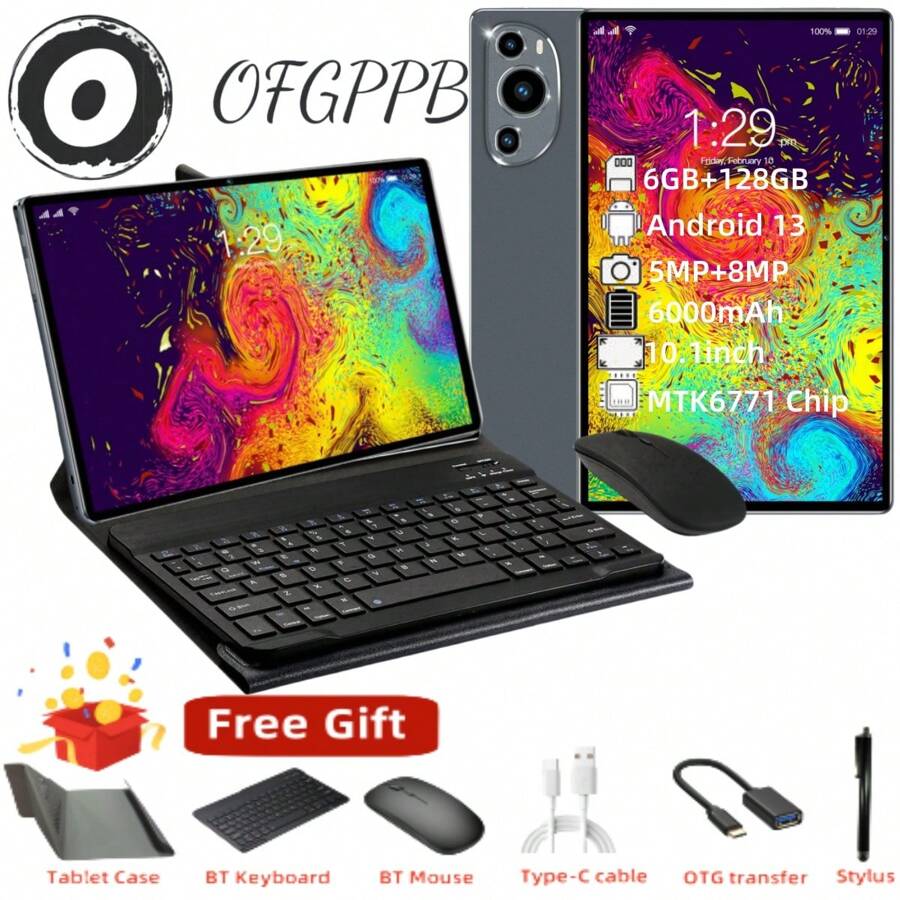 OFGPPB 品牌/P60 艺术款（灰色套装）/10.1 英寸 FHD Android 13 平板电脑/MTK6771，10 核，2.0GHz/实际 RAM 6GB+ROM 128GB/1920x1200px 分辨率/6000mAh 锂离子电池/802.11ac Wifi 2.4G 和 5G/5.0 蓝牙/TF * 1 卡（支持 128GB 扩展）/500W 前置摄像头和 800W 后置摄像头