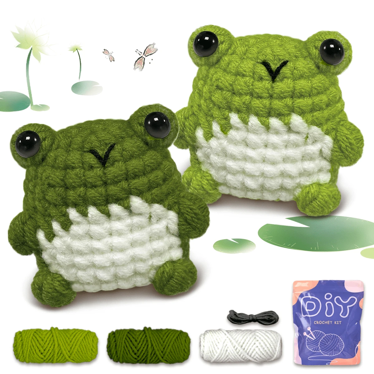 Set de 2 piezas de ganchillo con diseño de rana, kit de ganchillo de animales para principiantes con ganchos de ganchillo, lana, muñeca y kit de ganchillo de animales positivos con tutoriales en video paso a paso, regalo creativo para festivales y suministros de fiesta de cumpleaños, decoración de arte y artesanía para el hogar (accesorios en color aleatorio)