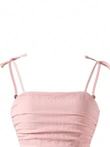 Left Mama 青少年女孩蝴蝶结带褶皱时尚优雅连衣裙 - 粉色 - 查看 3