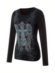 Womens Slim Blouse Round Neck Long Sleeve Cross Rhinestone Pattern Tops Clubwear For Spring Summer - Negro - Ver 4