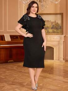 Fuaheng Plus Size Elegant Round Neck Bowknot Embellished Fitted Dress, Party Dress, Wedding Guest Cocktail Dress - Black - View 1
