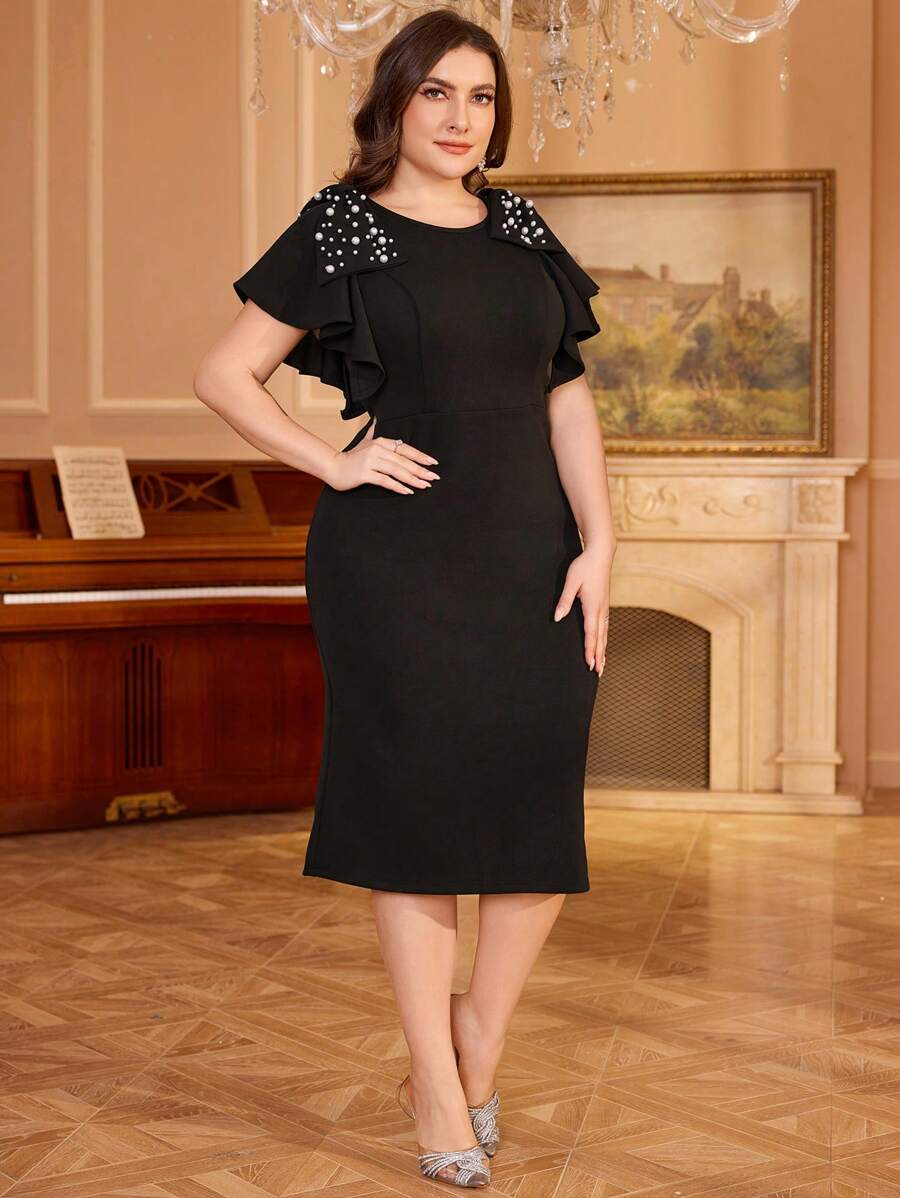 Fuaheng Plus Size Elegant Round Neck Bowknot Embellished Fitted Dress, Party Dress, Wedding Guest Cocktail Dress - Black - View 1