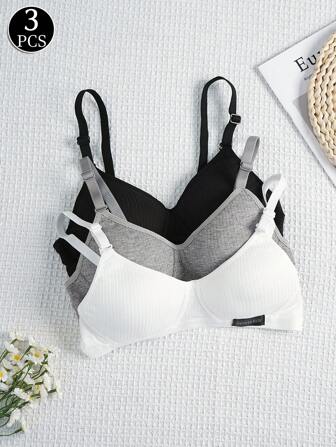 Teen Girls 3pcs Set Solid Knit Wireless Sports Bra With Adjustable Straps, Comfortable