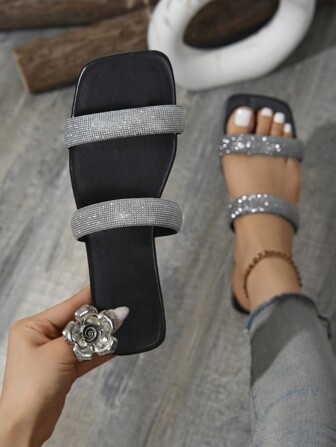 Women's Fashion Elegant Comfortable Crystal Decor Flat Sandals, Vacation Style Summer Beach Slip-On Square Toe Slides