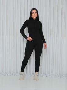Long Sleeve Ruffled Zipper Jumpsuit - Black - View 1