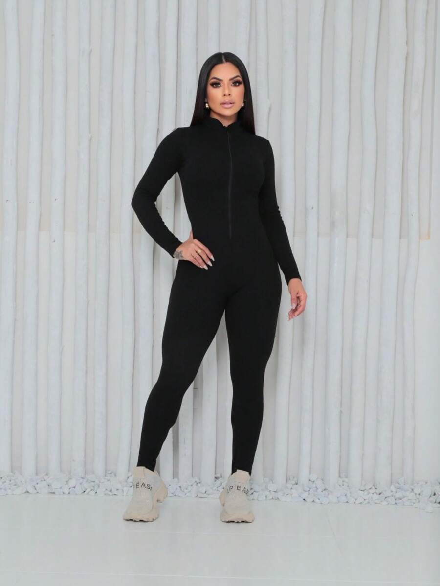 Long Sleeve Ruffled Zipper Jumpsuit - Black - View 1