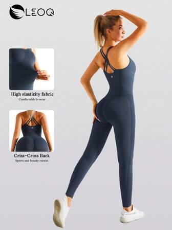 LEOQ Women's Sleeveless Solid Color Seamless Halterneck Yoga Jumpsuit