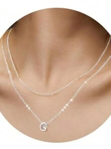 Stainless Steel Double Choker Necklace With English Letters Pendant 18k Gold Plated - 銀色 - 查看 5