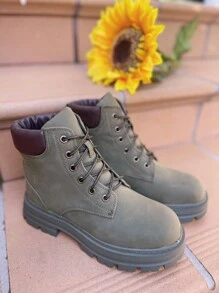 Botín de montaña con cordones para mujeres, sintética, acordonadas con plataforma, antideslizante. - Verde militar - Ver 1