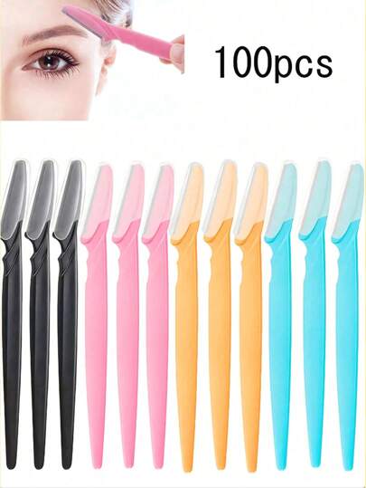 100pcs/Set Multicolor Grooming Eyebrow Razor & Shaver Set, Eyebrow Trimmer & Shaver, Exfoliating Dermaplaning Tool, Body Hair Removal Trimmer And Face & Eyebrow Razor Set Long Handle Blade With Precision Cover Women Eyebrow Shaping Tools Suitable For Or Travel Use,Hair Products And Accessories For Barber Salon Beauty Travel Essentials