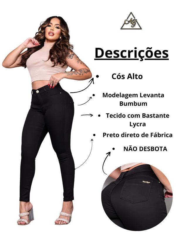 Calça Jeans Feminina Preta Skinny Com Lycra Brim Estudo Trabalho Faculdade Cintura Alta Empina Bumbum Confortavel Nao Desbota