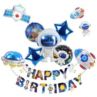 Aerospace Theme Cartoon Rocket Astronaut Satellite Spacecraft Foil Balloons, Outer Space Hanging Flags For Space Themed Birthday Party Decoration
