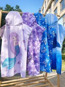1 Peça Roupão com Capuz para Crianças e Meninos, Manta de Praia de Fibra Extra Fina de Secagem Rápida, Extra Grande e Larga, Com Zíper, Sem Mangas, Cor Azul Degradê, À Prova de Vento e Quente para Praia, Piscina, Festa de Casamento com Tema de Tubarão, Decoração de Banheiro Doméstico, Roupa de Praia, Volta às Aulas