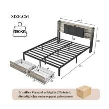 Rosahqnda Upholstered Bed, Double Bed Platform Bed Frame With Headboard, Storage Box With 2 Drawers, Queen Size Metal Bed Frame, Metal Frame, Without Mattress - Xám - Xem 11