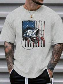 男式短袖 T 恤，带美国国旗和鱼印花 - 灰色 - 查看 1