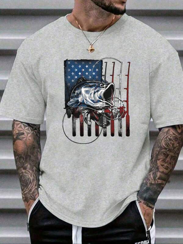 Tricou cu mânecă scurtă pentru bărbați, cu imprimeu steagul american și pește