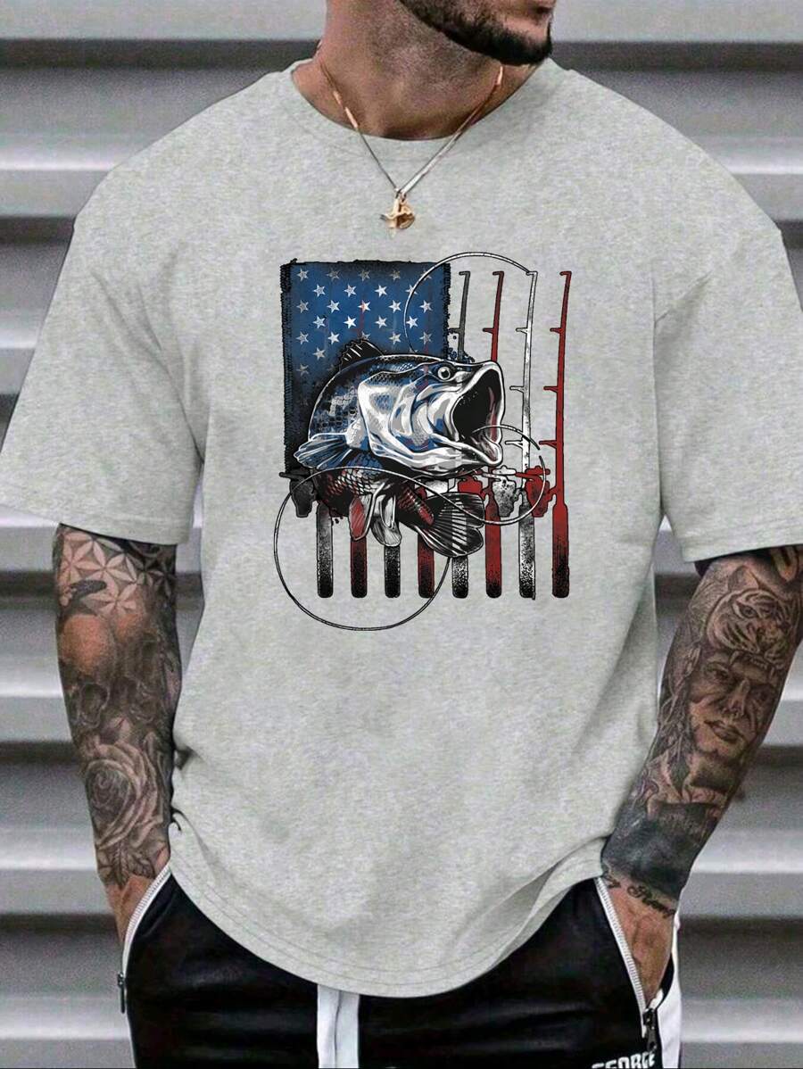 男式短袖 T 恤，带美国国旗和鱼印花 - 灰色 - 查看 1