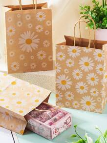 10pcs-Daisy Flower Print Gift Bags Kraft Paper Carrier Bags, Small Daisy Paper Gift Bags Made Of Kraft Paper, Holiday And Party-Themed Gift Bags, Festival Packaging For Party Favor Packaging