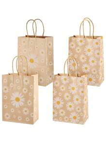 10pcs-Daisy Flower Print Gift Bags Kraft Paper Carrier Bags, Small Daisy Paper Gift Bags Made Of Kraft Paper, Holiday And Party-Themed Gift Bags, Festival Packaging For Party Favor Packaging