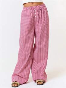 Womens Plaid Pajama Pants Loose Elastic Waist Wide Leg Lounge Pants Casual Bottoms - 紅色 - 查看 2
