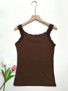 1pc Women Solid Color Lace Trim Decor Round Neck Camisole Tank Top Vest With Contrast Neckline, Sleeveless, Lightweight