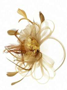 1 Stück beige Damen Mesh Blumen Feder Fascinator Haarband mit Clip für Cocktail-/Teepartys, Kopfschmuck für Frauen, Haraccessoires, Mini-Hüte, Derby-Hüte, Mini-Fascinatoren, Mini-Kappen