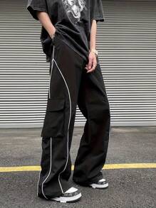 1 pièce Pantalon cargo ample droit avec rayures latérales pour garçons et adolescents, style décontracté, adapté pour l'entraînement et l'extérieur, idéal pour le printemps/l'été/l'automne