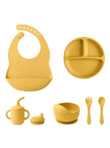 Conjunto de vajilla personalizada para bebé de 6 piezas en silicona, incluye baberos impermeables, plato portátil, cubiertos blandos, bol con ventosa, taza con tapa a prueba de fugas. Multiusos, ornamental, con letras, elegante, moderno, colorido, kawaii, adorable, lindo, casual, personalizado, único, personalizado, niño, niña