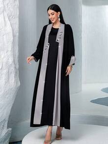 Muslim Women's Open Front Long Robe, Black & Gray Patchwork Handmade Crystal Embellished Abaya,Modest - Black - View 8